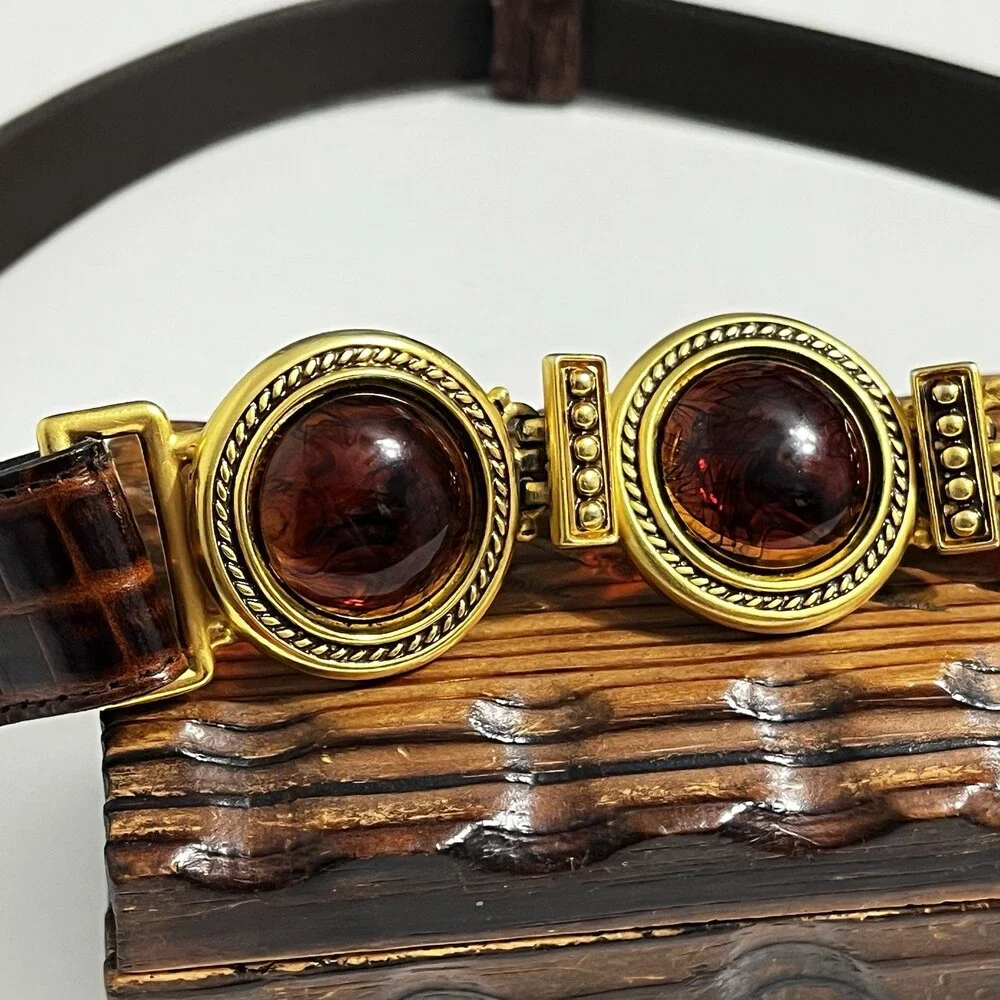 VTG Ben Amun Belt 24K Gold Plated Amber Resin Cabochon Leather Cinch 27